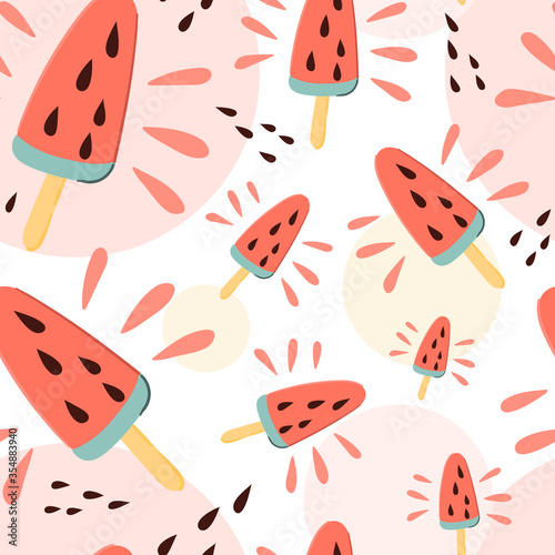 Watermelon juicy ice cream summer seamless pattern. Hand drawn cartoon doodle style background.