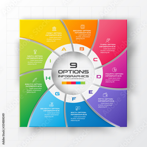 Business infographics template 9 steps with square,Element for design invitations,Vector illustration.