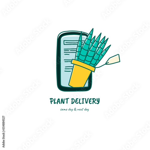 Plants delivery online shop or mobile app concept. Flowerpot with sansevieria and smartphone screen, service for choosing and ordering plants. Hand drawn doodle style illustration