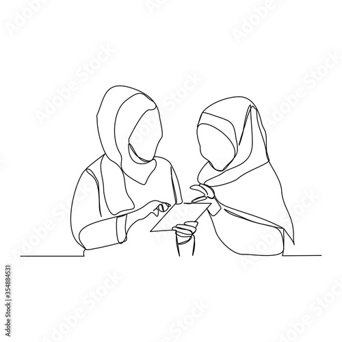 Continuous line drawing of two muslim business women read and discussing job paper. Vector illustrarion