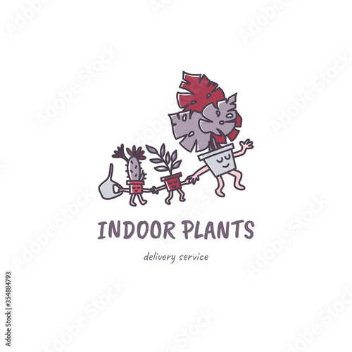 Cute kawaii houseplants family characters. Monstera, cactus and sprout. Plants delivery logo, print, stamp, pin etc.