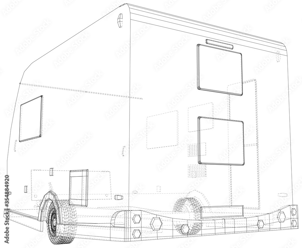 Vector Wire-frame Trailer Camper. The layers of visible and invisible lines are separated. EPS10 format. Vector created of 3d.