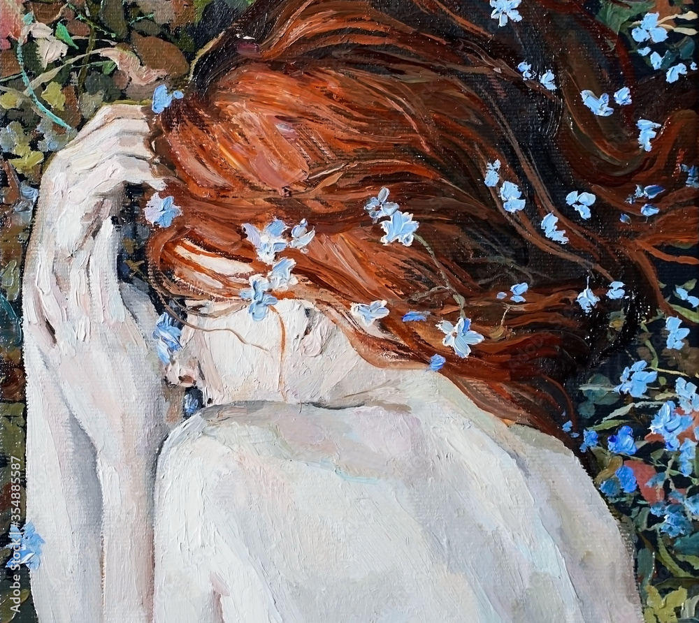  Red-haired beauty, a young girl sleeps and dreams on the field among different summer herbs and blue wild flowers. Oil painting on canvas.                                             