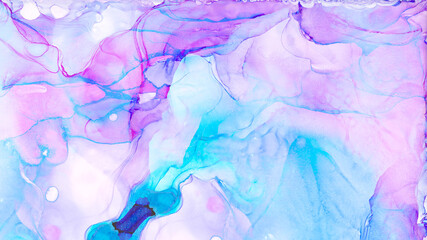 Light sky blue, pink and purple color fantasy watercolor textured effect backdrop for invitation cards, banners, modern graphic design. Pale  abstract alcohol ink painted background
