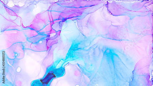 Light sky blue, pink and purple color fantasy watercolor textured effect backdrop for invitation cards, banners, modern graphic design. Pale  abstract alcohol ink painted background © KatMoy