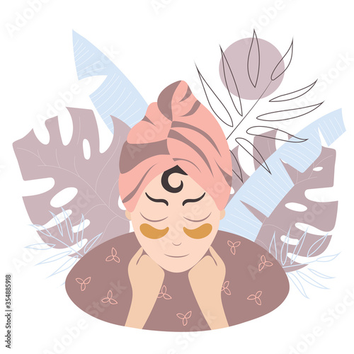 Young woman in pink towel on head and golden hydrogel patches under eyes. SPA, health and beauty treatment concept. Close up view. Vector cartoon illustration with tropical leaves