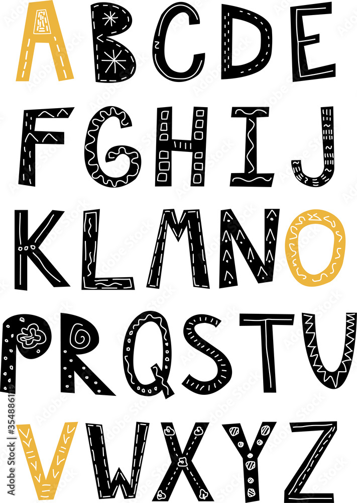 Alphabet in scandinavian style. Hand drawing letters. Vector illustration. Cute lettres for many phrases.