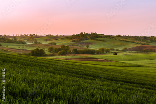 Colorful countryside landscape with fields on the hills at dawn.