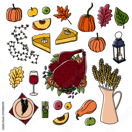 Thanksgiving hand drawn doodle style holiday traditionalsymbols. Turkey, pumpkin pie, apple pie, apple sider, wine. photo