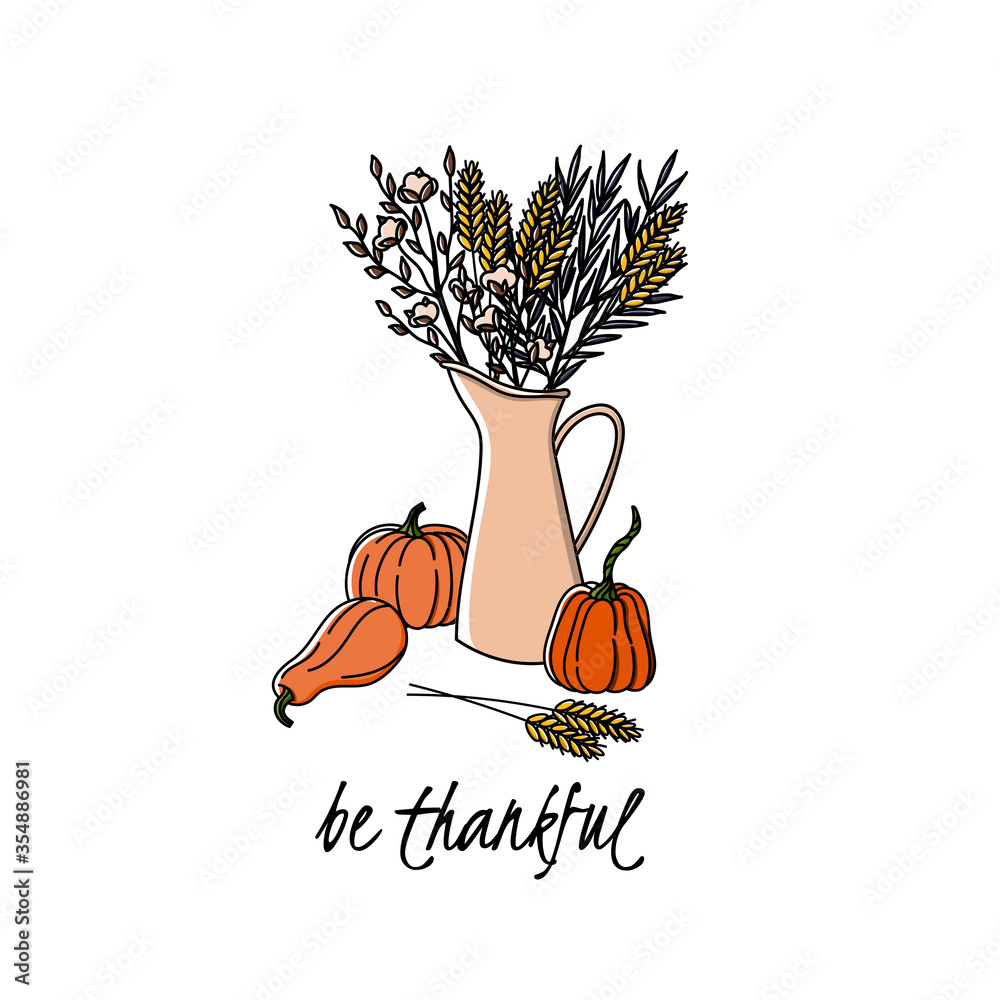 Be thankful. Thanksgiving day postcard or poster with pumpkins, spikes