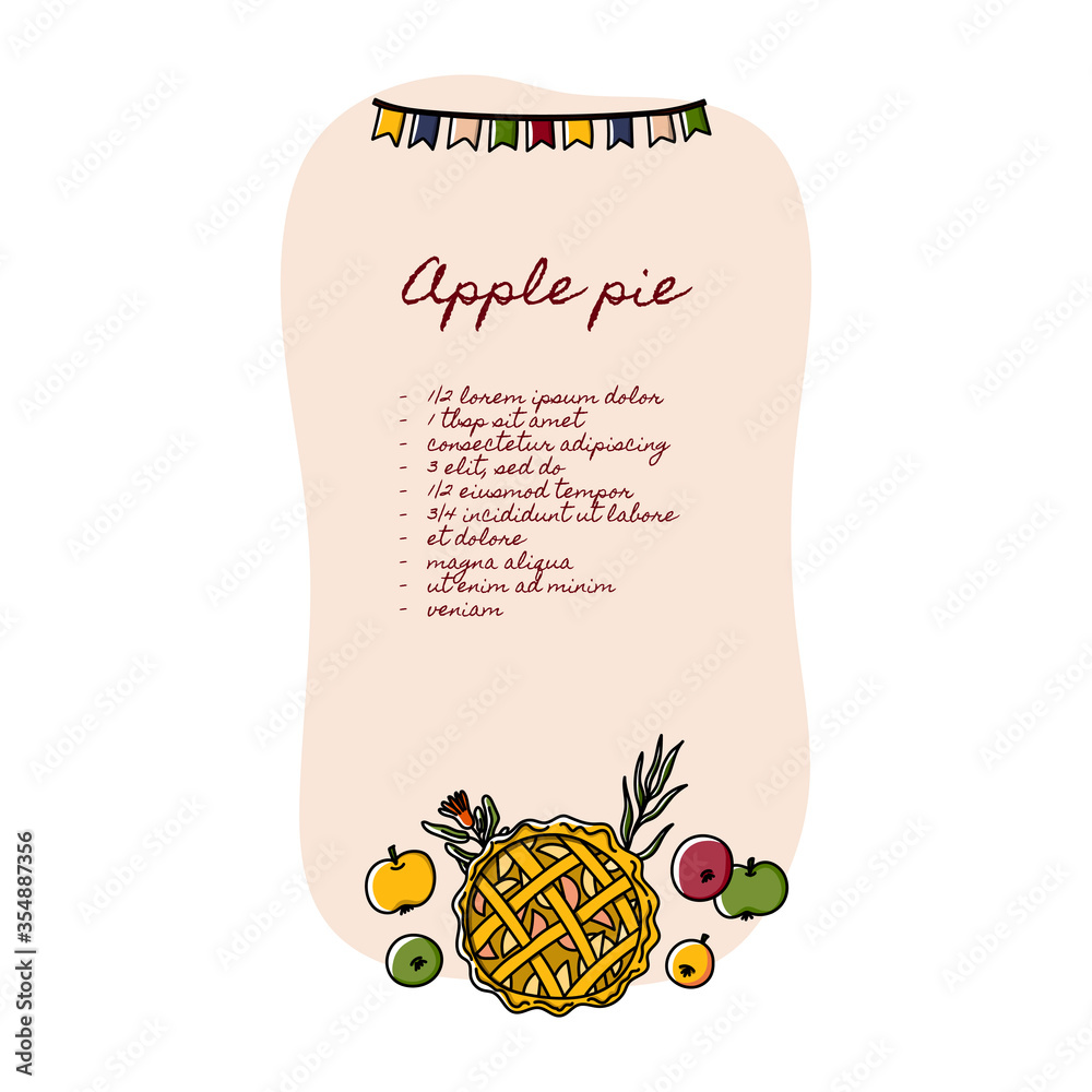 Recipe card template with apple pie, apples and garland. Hand drawn doodle style page for ...