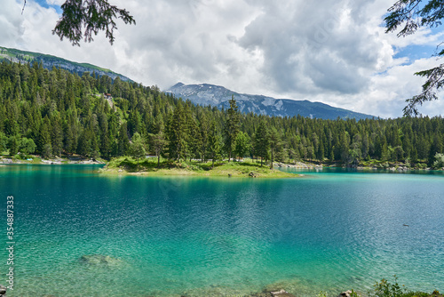Landscape panorama of Caumasee - Lake Cauma in June, near Flims, in the Grisons, Switzerland.