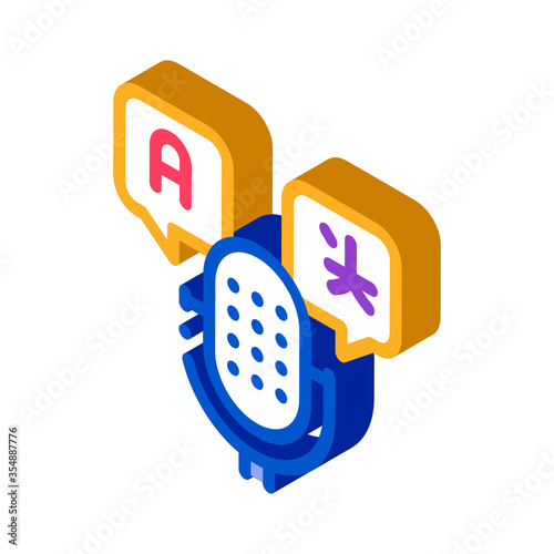 Microphone Voice Device Icon Vector. Isometric Microphone Interpreter And Alphabet Letters In Quote Frame sign. color isolated symbol illustration