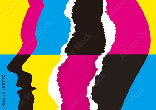 Torn paper male heads, cmyk print colors.
Illustration of two stylized Male heads silhouettes with torn paper and cmyk print colors background. Concept for presenting of color printing.