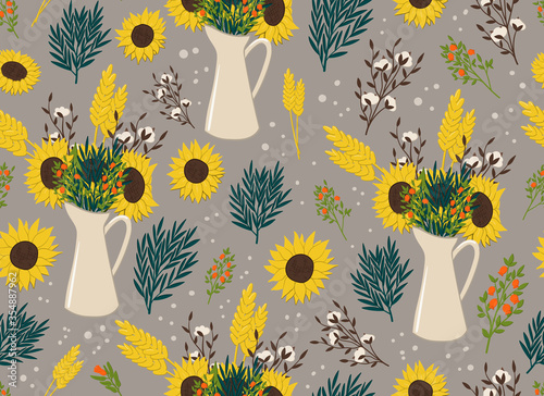 Seamless pattern with hand drawn jag and sunflower, cotton flower, ear and pomegranate for wallpaper, wrapping, apparel, fabric background.
