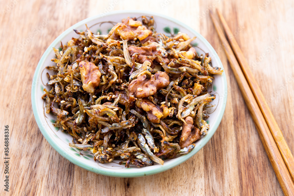 Soy sugar glazed anchovies and walnut which is called Hodu Myulchi Bokkeum Soy sugar glazed anchovies and walnut which is called Hodu Myulchi Bokkeum