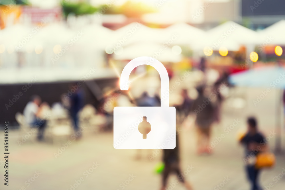 Obraz premium Unlock of business concept with blurred photo of food exhibition fair with many people at twilight time.