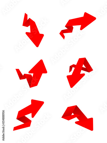 Vector arrows 3D - set of isolated red vector polygonal arrows with different directions - down, up and right