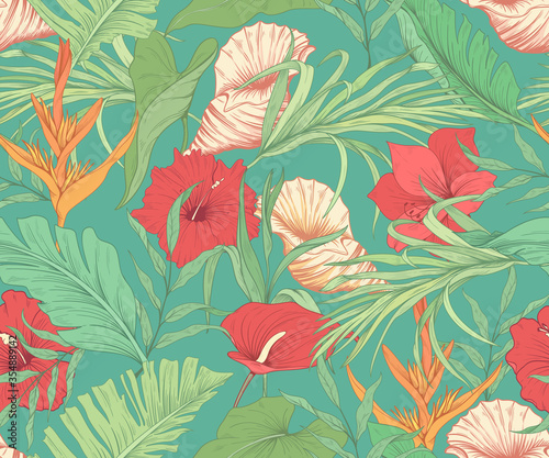 Seamless pattern with tropical flowers and sea shells