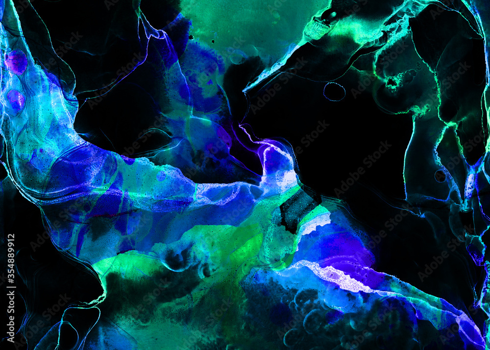 Fototapeta Dark indigo blue alcohol ink neon abstract background. Glowing flow liquid watercolor paint splash texture effect illustration for card design, modern banners, ethereal graphic design