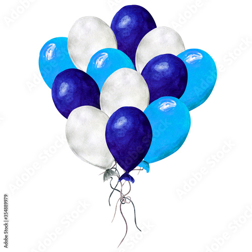 Bunch of colorful flying air balloons of blue and white colors isolated on white background. Watercolor hand drawn illustration in cartoon style. Concept of gift, celebration, holiday, happy birthday.