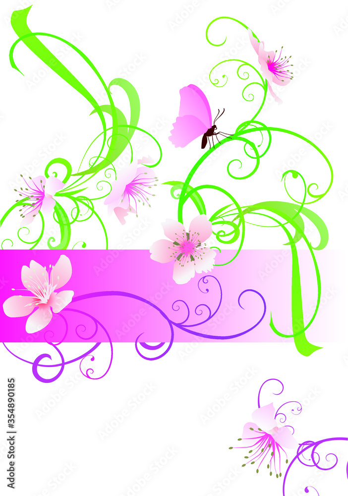 pink flowers and butterfly template isolated on white pink flowers and butterfly template isolated on white