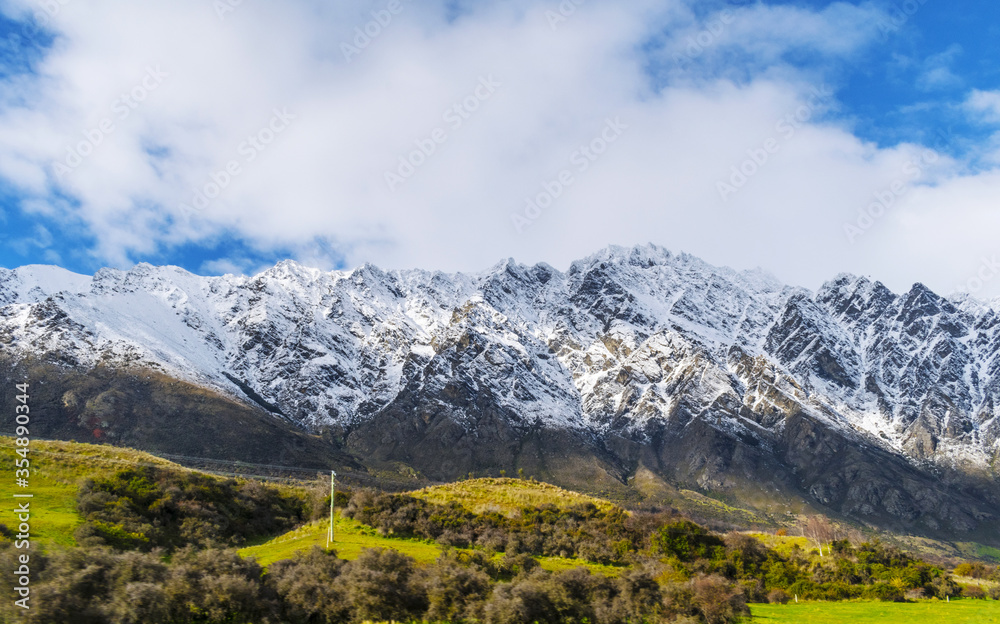 View to the famous Remarkables Range mountain range, Queenstown New Zealand View to the famous Remarkables Range mountain range, Queenstown New Zealand