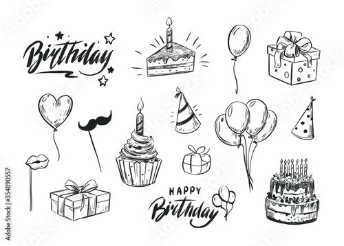 Set of birthday objects. Cupcake, balloons, present box,Happy birthday label. Greeting lattering. Doodle illustration. Outline Greeting card decoration. Vector design elements