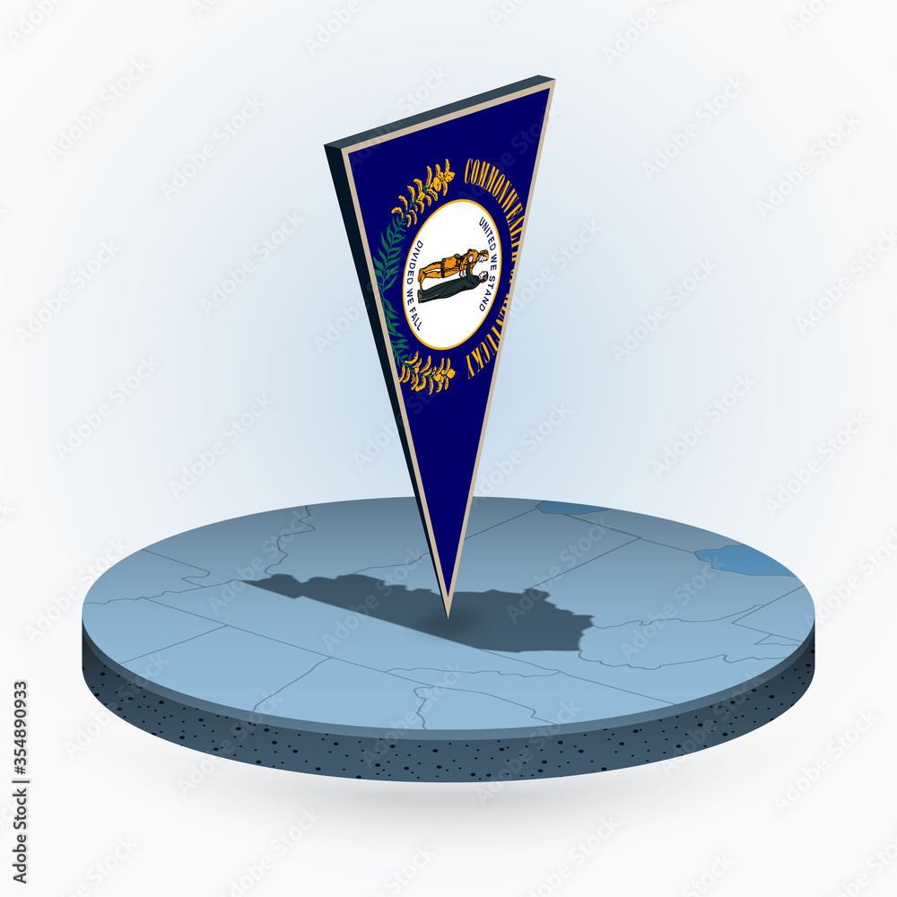 Kentucky map in round isometric style with triangular 3D flag of US ...