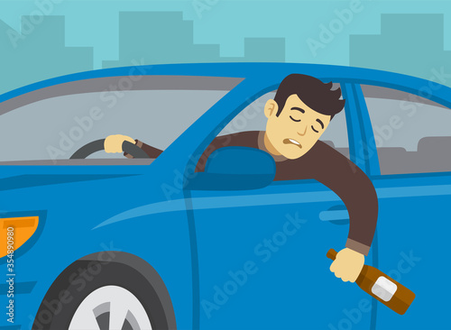Driving a car. Don't drink and drive. Drunk driver with bottle of alcohol. Flat vector illustration.
