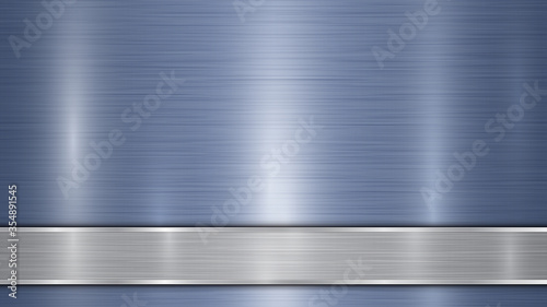 Background consisting of a blue shiny metallic surface and one horizontal polished silver plate located below, with a metal texture, glares and burnished edges