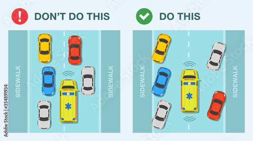 Move over for emergency vehicles. Ambulance car on two-way street. Flat vector illustration infographic.