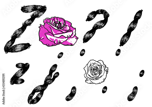 set of hand drawn flowers and letters