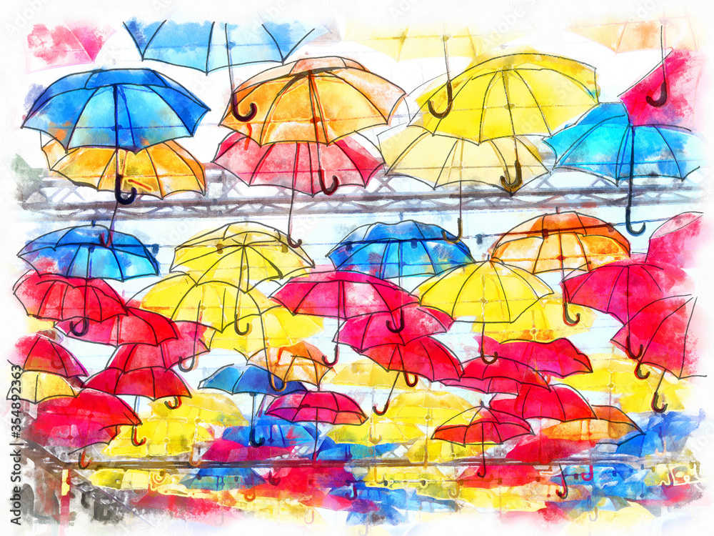 colorful umbrellas in the sky watercolor