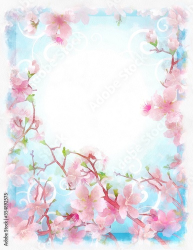watercolor pink cherry flowers frame with blue background