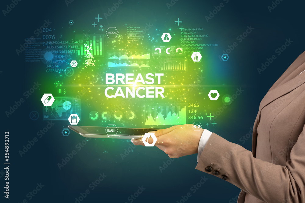 Close-up of a touchscreen with BREAST CANCER inscription, medical concept Close-up of a touchscreen with BREAST CANCER inscription, medical concept