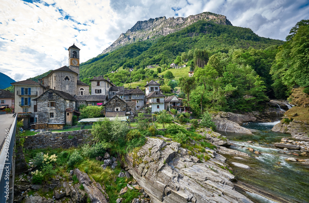 Landscape panorama of Swiss village Lavertezzo, Verzasca Valley, canton of Ticino, Switzerland                  