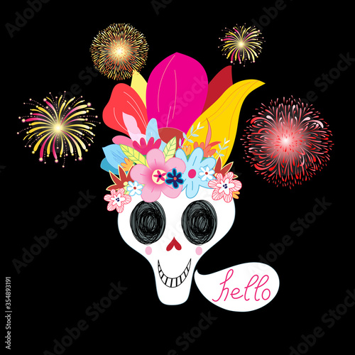 Bright vector illustration multicolored with a bouquet of skulls