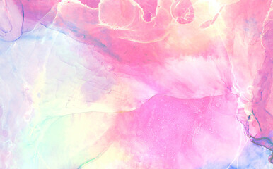 Bright watercolor texture effect for invitation cards, banners, modern graphic design. Fantasy light sky blue, pink and purple color abstract alcohol ink painted background