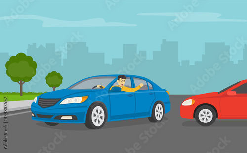 Angry car driver yelling to other driver. Flat vector illustration.