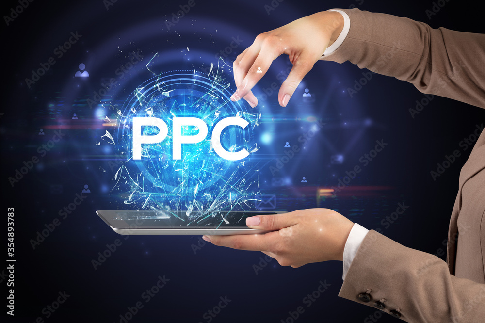 Close-up of a touchscreen with PPC abbreviation, modern technology concept Close-up of a touchscreen with PPC abbreviation, modern technology concept