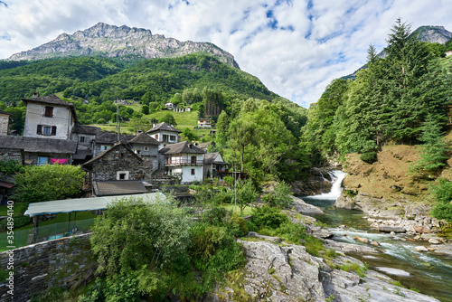 Landscape panorama of Swiss village Lavertezzo, Verzasca Valley, canton of Ticino, Switzerland 