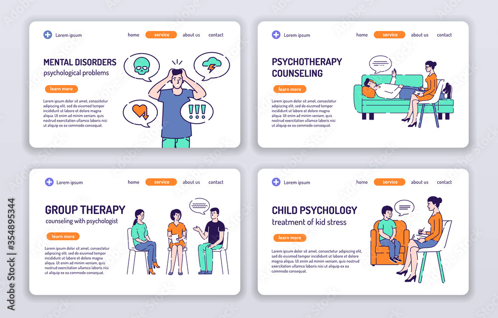 Counseling with psychologist web banners set. Isolated cartoon characters on a white background. Concept for web page, presentation, smm, ad, site. Vector illustration. UX UI GUI design.