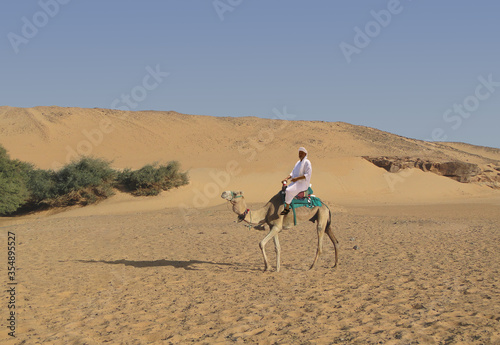 An Egyptian wearing a white robe and turban is riding a camel in the desert in the south of the country. It is late afternoon and the sun is low. The sky is clear and blue.