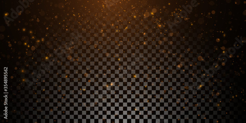 Sparkling golden particles, glowing bokeh lights isolated on dark transparent background	