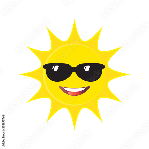 Yellow Sun in sunglasses smiling face, isolated on white background, banner emoji, emotion icon character joyful concept, happy sun cartoon illustration vector, sunny day, head smile label, sign card 