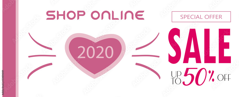 Sale discount banner, promotion, web ohline gift card, promo headline, marketing banner modern design, holiday flyer with heart shape, pink white color, 2020 valentine's day vector sign