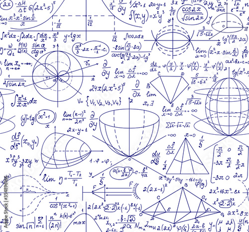 Mathematical vector seamless pattern with geometrical figures and formulas, "handwritten on a grid copybook paper". Math endless texture