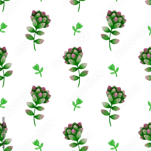 Watercolor succulents flowers seamless pattern on white background.
