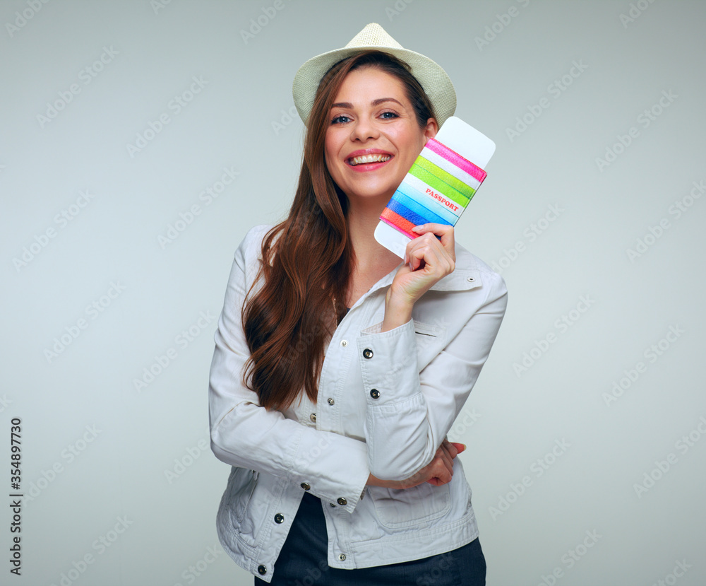 smiling woman isolated portrait with passport. smiling woman isolated portrait with passport.